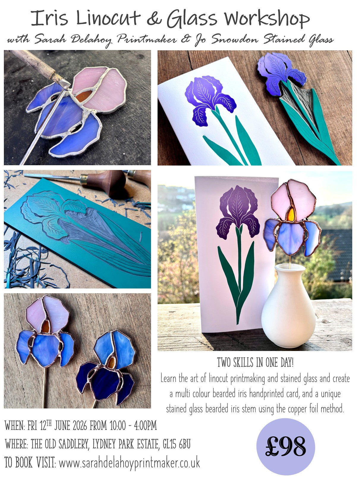 Iris Linocut & Stained Glass Workshop at Lydney Park Estate 12/6/26 & 13/6/26
