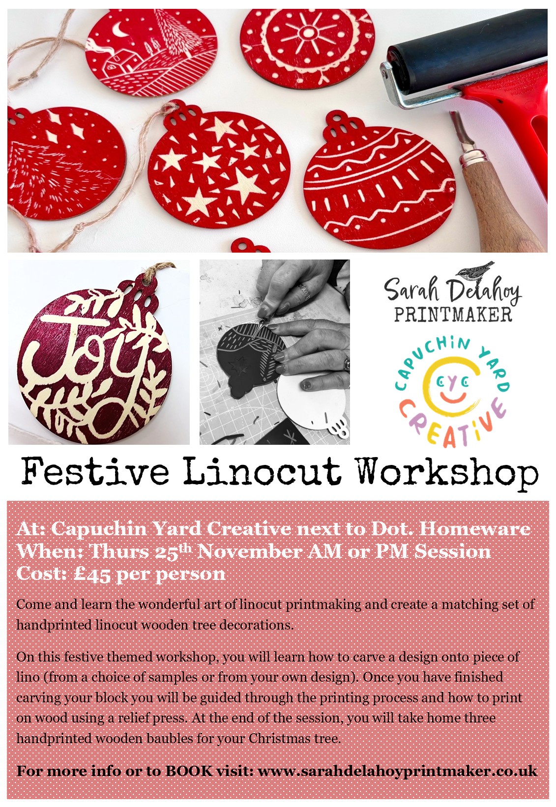 Trio of Linocut Wooden Baubles Workshop at Capuchin Creative 25/11/25