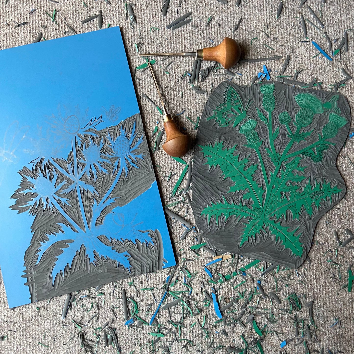 Original Handprinted Linocut | Lino Print | Fine Art | Sea Holly | Eryngium Alpinum