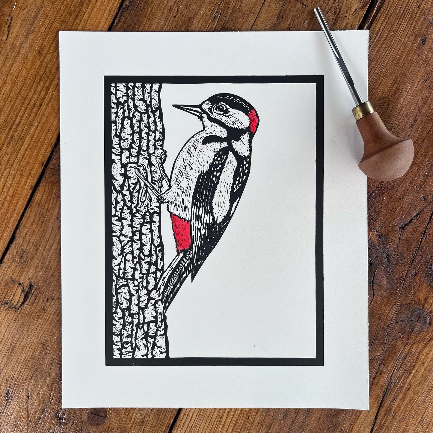 Original Handprinted Linocut Great Spotted Woodpecker | Fine Art Lino Print
