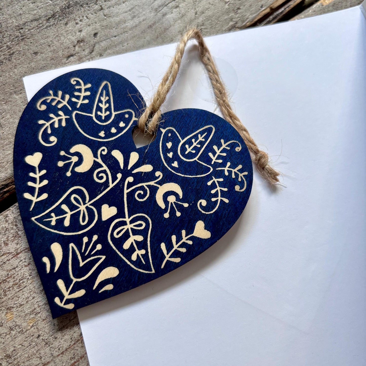Hand Printed Decoration Card with Detachable Wooden Christmas Tree Ornament | Bauble | Scandi style Blue Heart | Folk Art