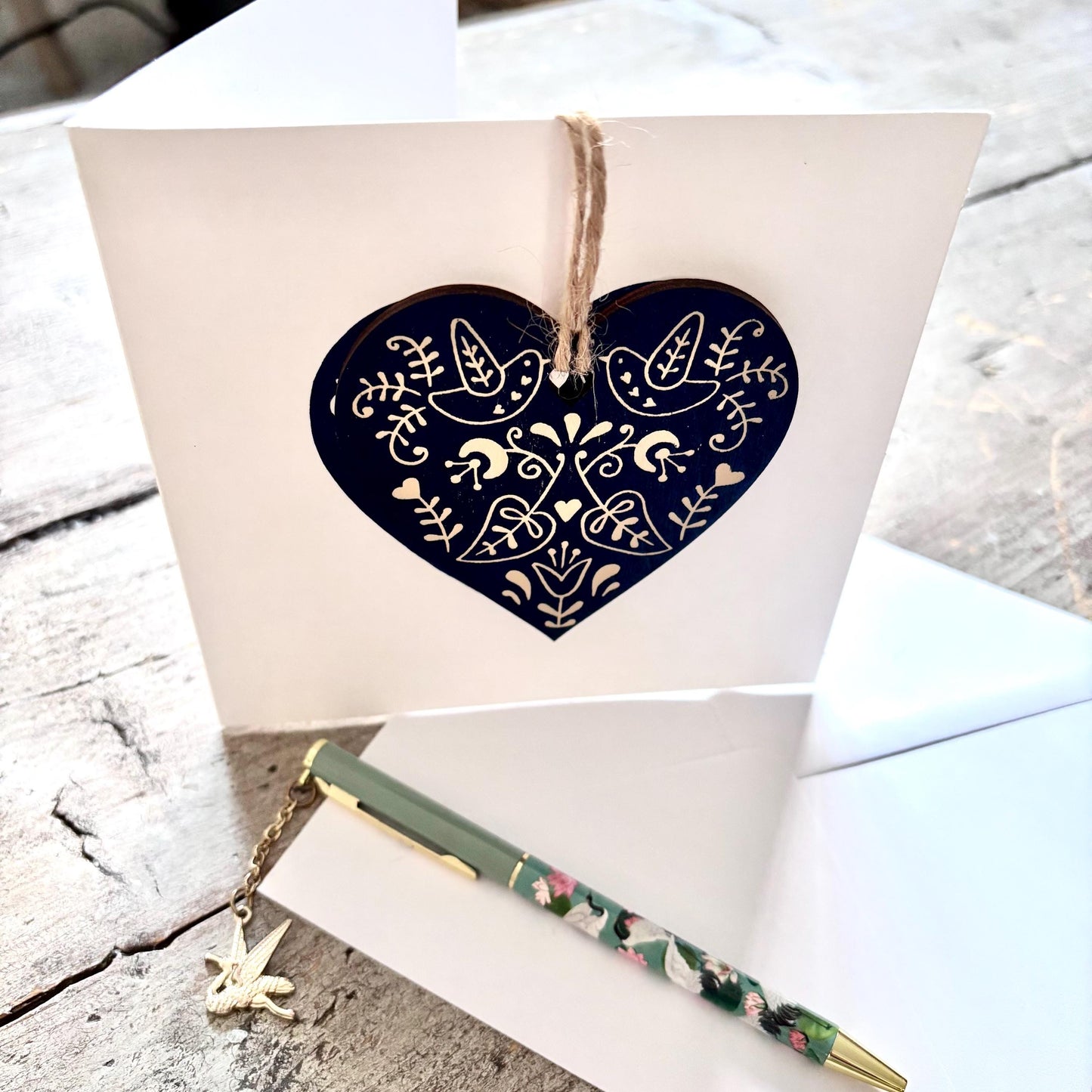 Hand Printed Decoration Card with Detachable Wooden Christmas Tree Ornament | Bauble | Scandi style Blue Heart | Folk Art