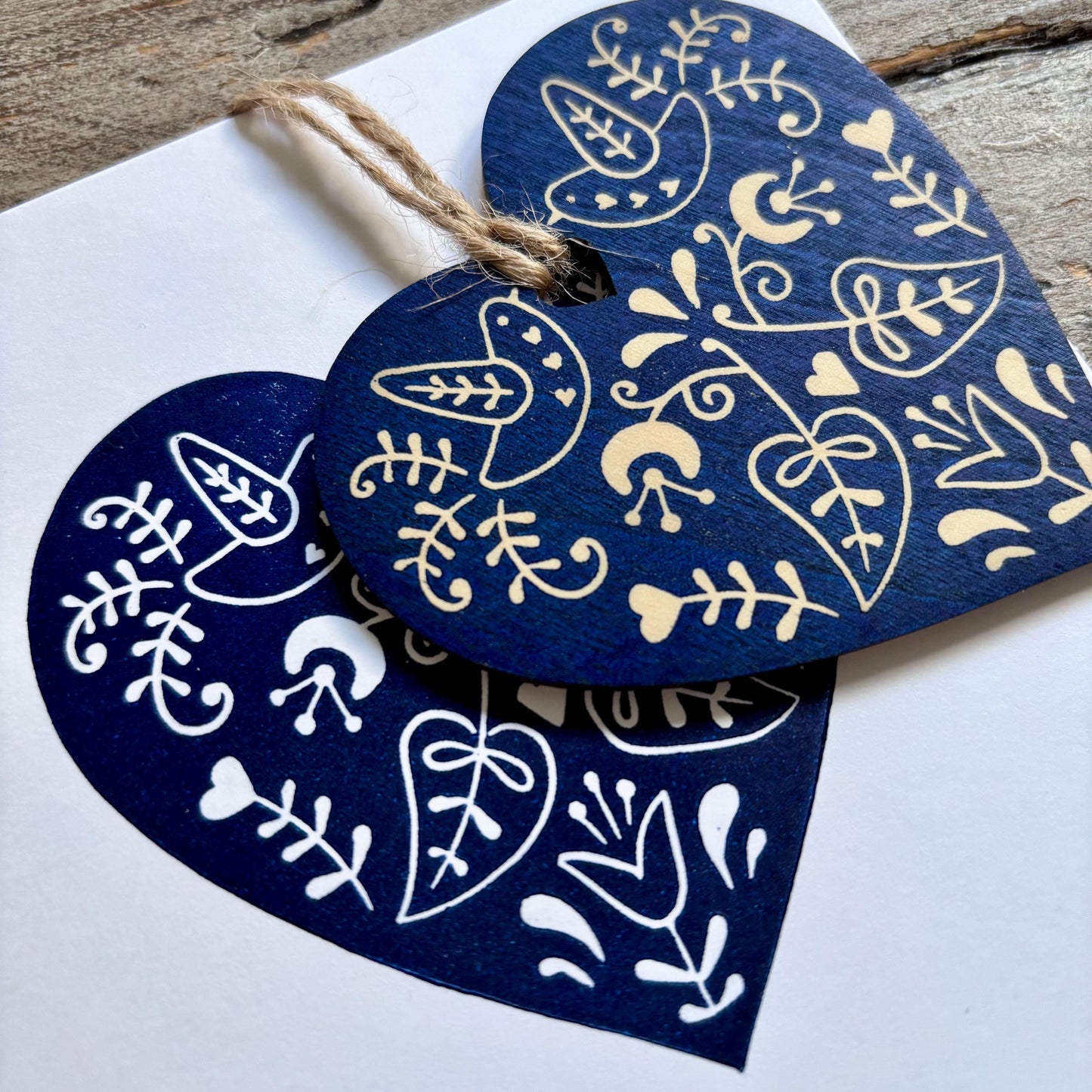 Hand Printed Decoration Card with Detachable Wooden Christmas Tree Ornament | Bauble | Scandi style Blue Heart | Folk Art