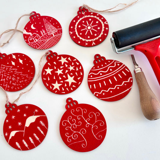 Trio of Linocut Wooden Baubles Workshop at Capuchin Creative 25/11/25