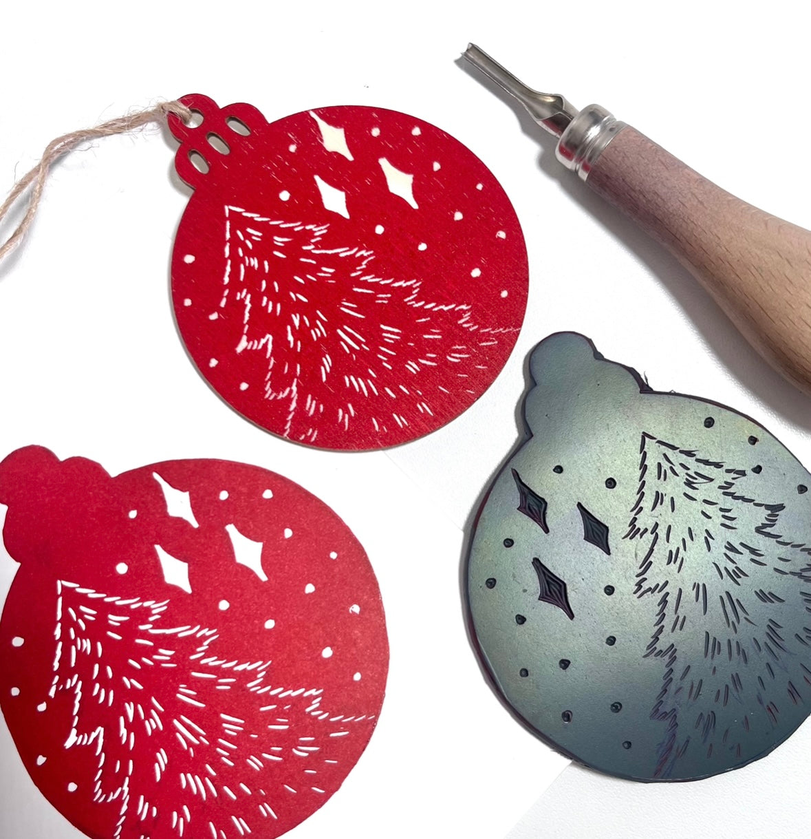 Trio of Linocut Wooden Baubles Workshop at Capuchin Creative 25/11/25
