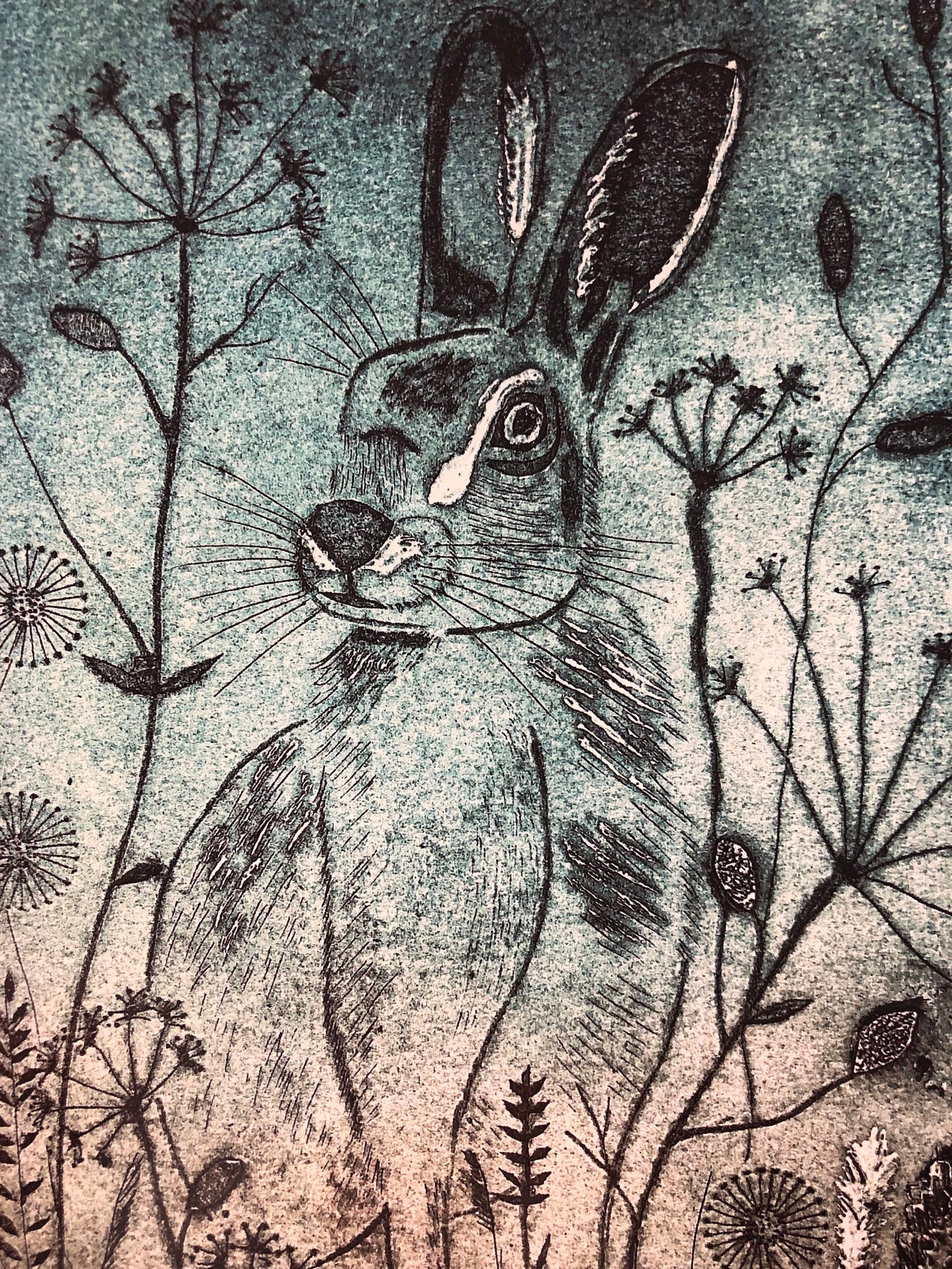 Hare Greetings card/art card from Original Hand Printed Collagraph