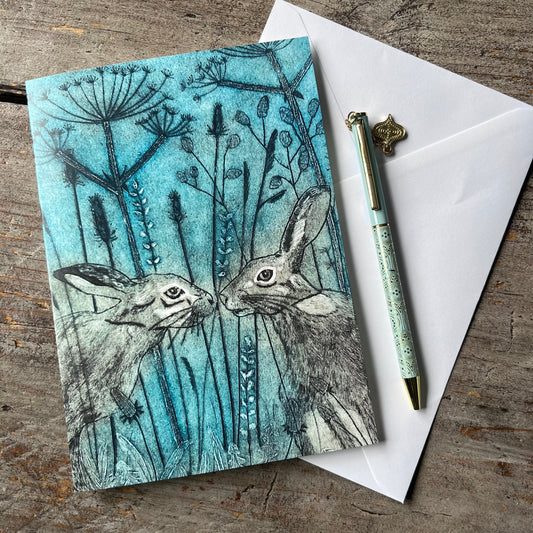 Kissing Hares Greetings Card | Art Card