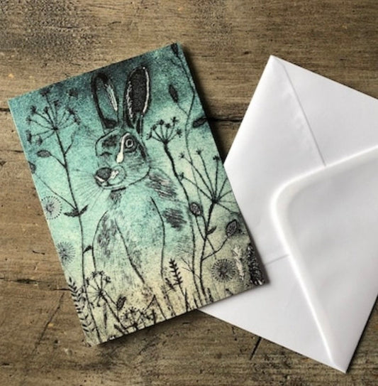 Hare Greetings card/art card from Original Hand Printed Collagraph