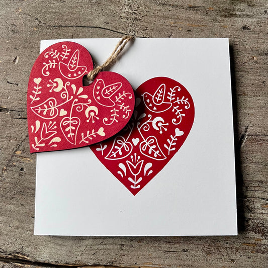 Hand Printed Decoration Card with Detachable Wooden Christmas Tree Ornament | Bauble | scandi style Red Heart | Folk Art