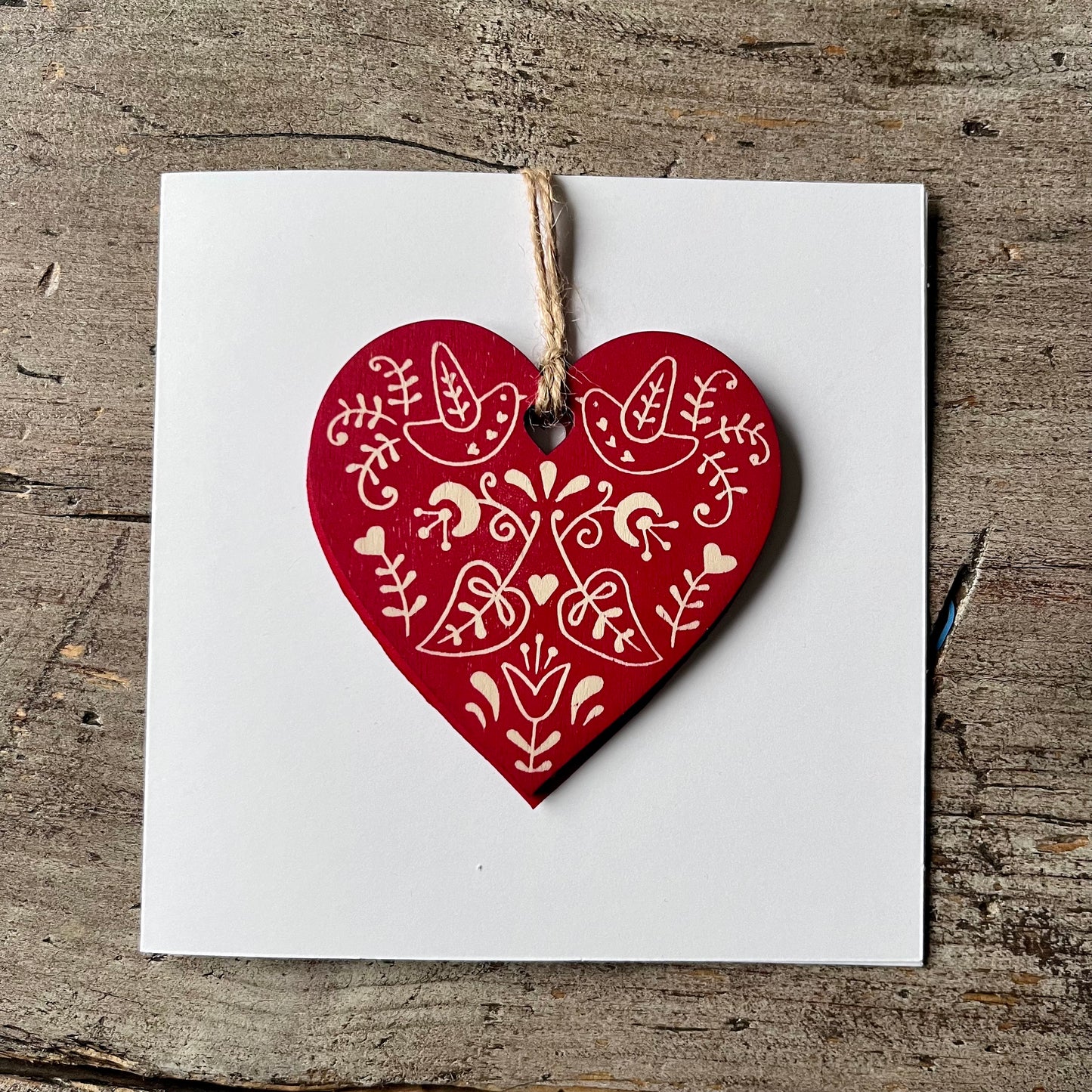 Hand Printed Decoration Card with Detachable Wooden Christmas Tree Ornament | Bauble | scandi style Red Heart | Folk Art