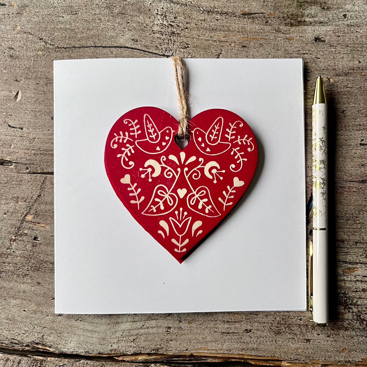 Hand Printed Decoration Card with Detachable Wooden Christmas Tree Ornament | Bauble | scandi style Red Heart | Folk Art