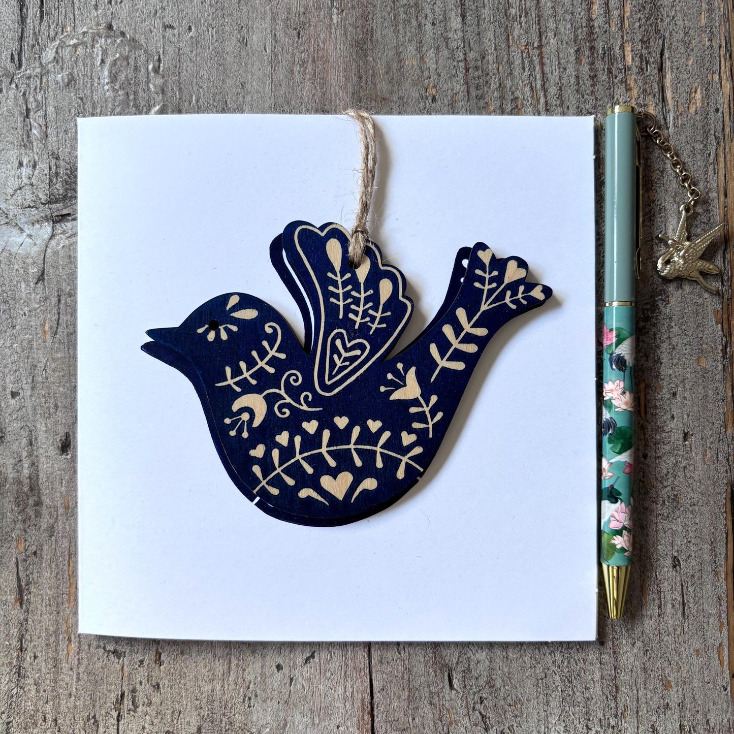 Hand Printed Decoration Card with Detachable Wooden Christmas Tree Ornament | Bauble | scandi style Blue Bird | Folk Art