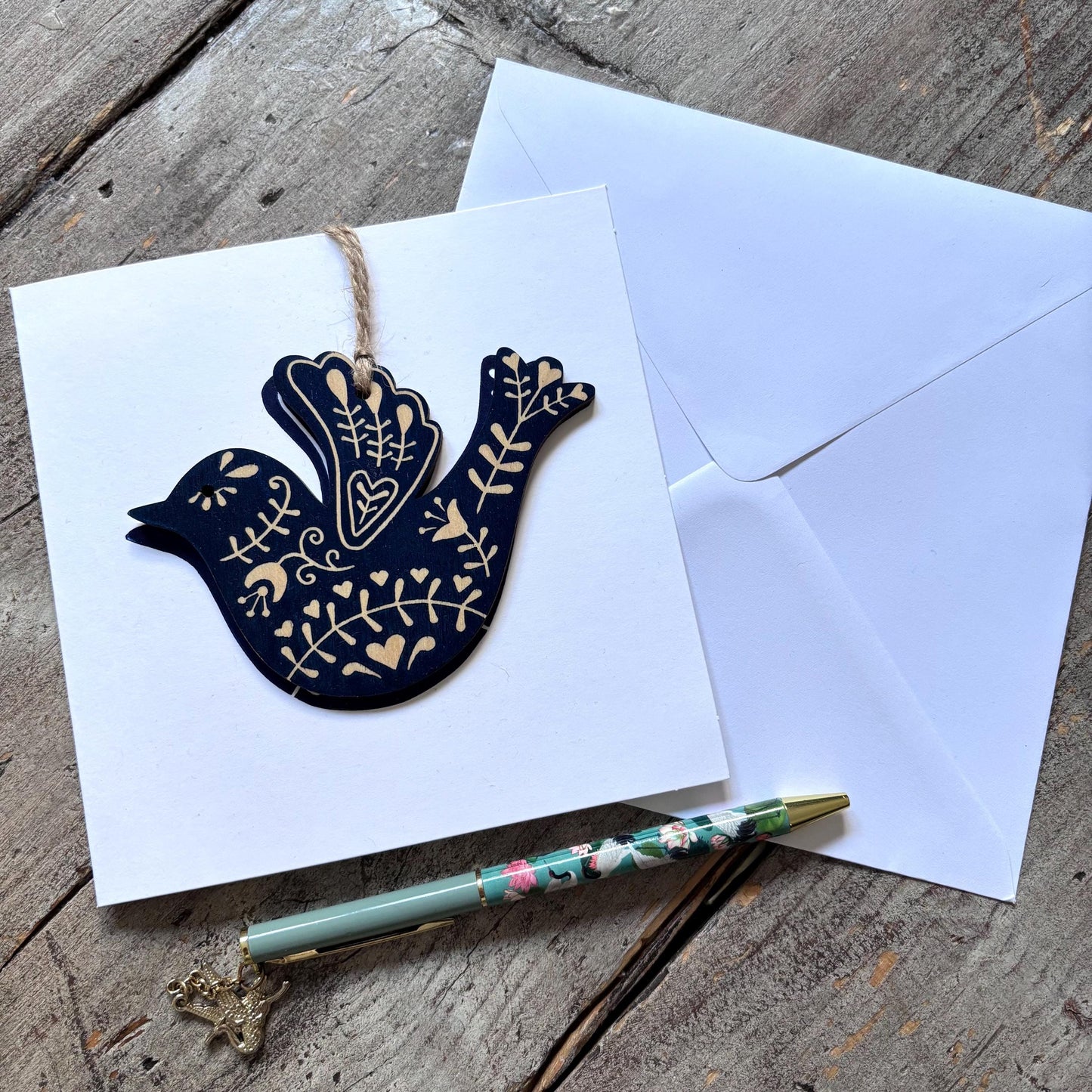 Hand Printed Decoration Card with Detachable Wooden Christmas Tree Ornament | Bauble | scandi style Blue Bird | Folk Art