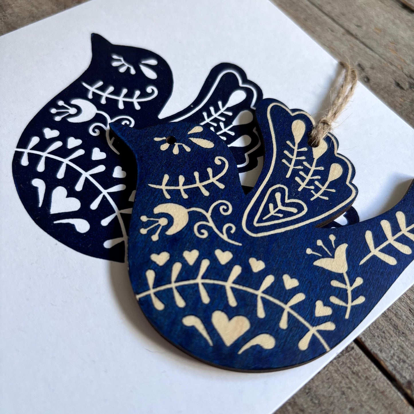 Hand Printed Decoration Card with Detachable Wooden Christmas Tree Ornament | Bauble | scandi style Blue Bird | Folk Art