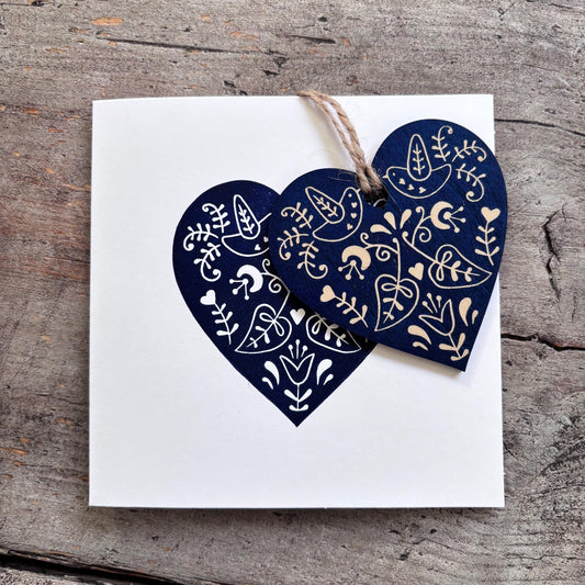 Hand Printed Decoration Card with Detachable Wooden Christmas Tree Ornament | Bauble | Scandi style Blue Heart | Folk Art