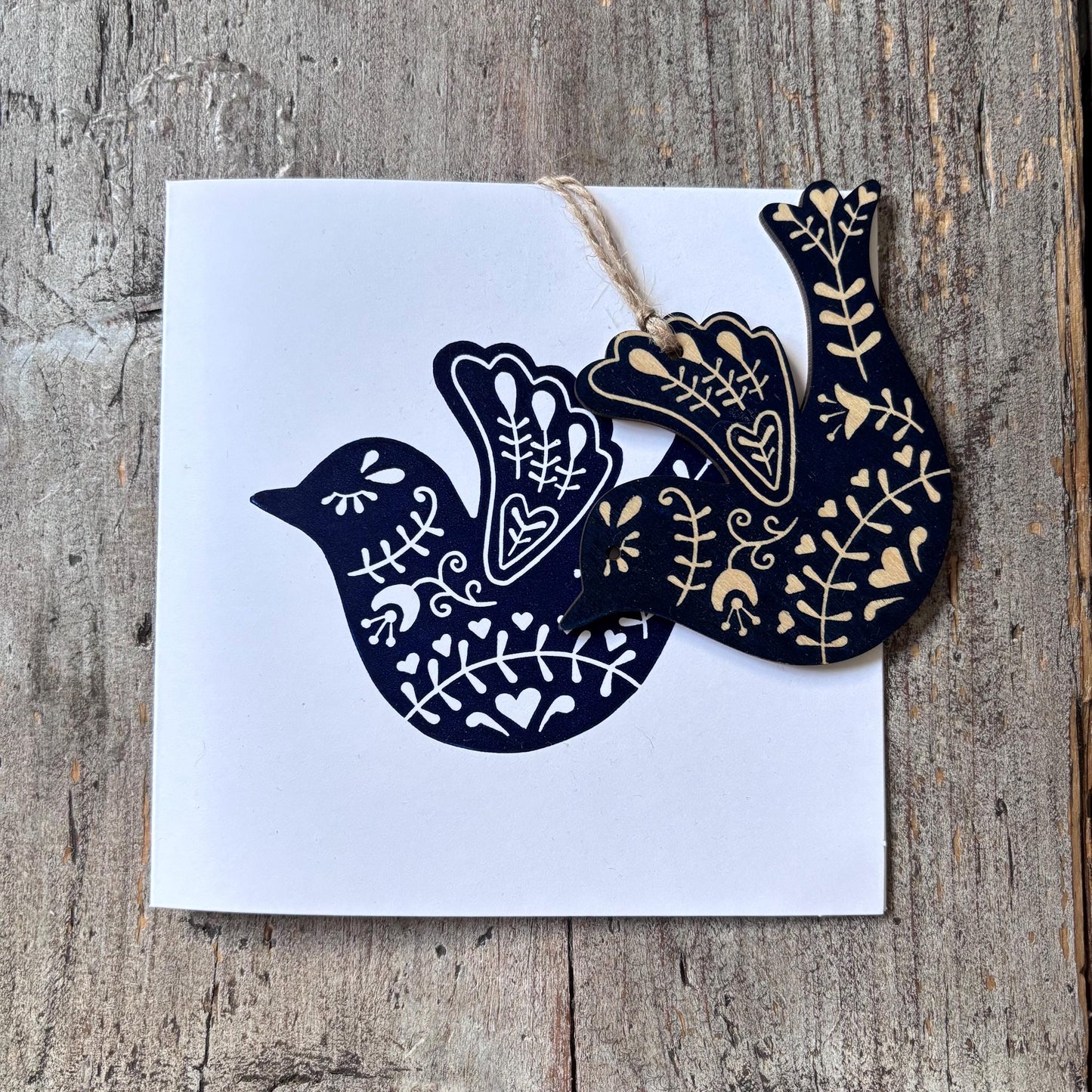 Hand Printed Decoration Card with Detachable Wooden Christmas Tree Ornament | Bauble | scandi style Blue Bird | Folk Art