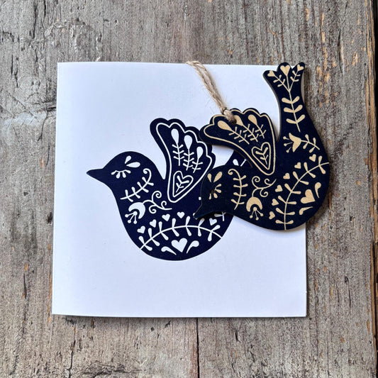 Hand Printed Decoration Card with Detachable Wooden Christmas Tree Ornament | Bauble | scandi style Blue Bird | Folk Art